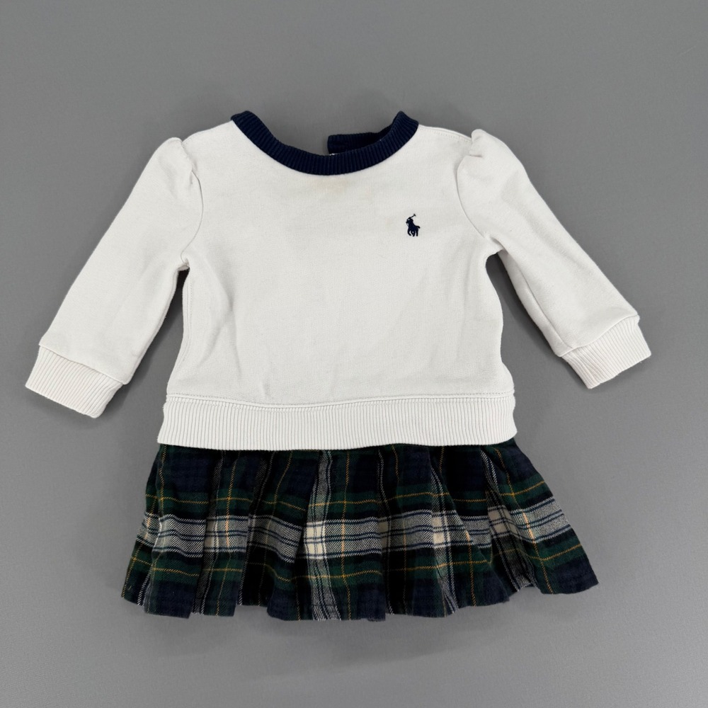Polo‎ Ralph Lauren Girls 9M Cream Plaid Drop Waist Sweatshirt Dress Navy Pony